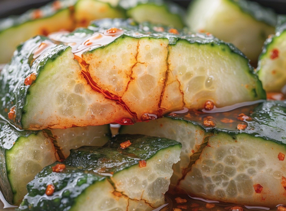 Why do you smash cucumbers in a salad? plating and garnish - Close-up detailed shot highlighting the cracked cell walls and surface fissures of smashed cucumbers