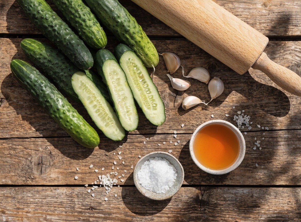 Why do you smash cucumbers in a salad? preparation close-up - Beautifully organized flatlay of ingredients for Why do you smash cucumbers in a salad?, including P