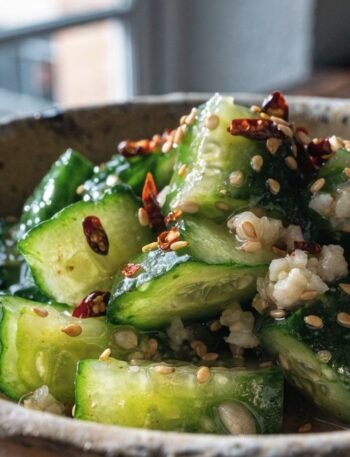 Why do you smash cucumbers in a salad? - Stunning photorealistic hero shot of smashed cucumber salad in a rustic ceramic bowl with garlic, chili flakes, and toas