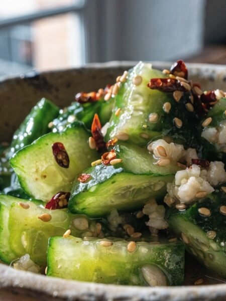 Why do you smash cucumbers in a salad? - Stunning photorealistic hero shot of smashed cucumber salad in a rustic ceramic bowl with garlic, chili flakes, and toas