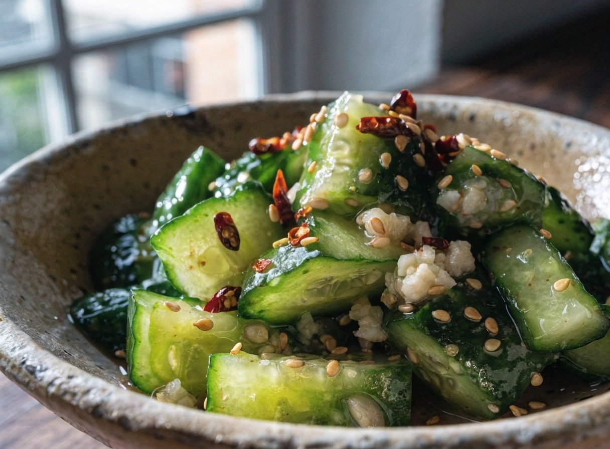 Why do you smash cucumbers in a salad? - Stunning photorealistic hero shot of smashed cucumber salad in a rustic ceramic bowl with garlic, chili flakes, and toas