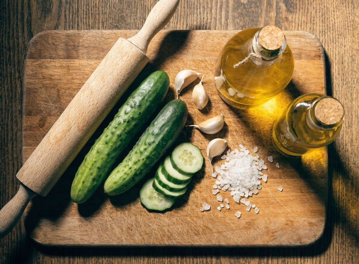 Why do you smash cucumbers in a salad? - Beautifully organized flatlay of fresh ingredients on a wooden board including English cucumbers, a rolling pin, garlic