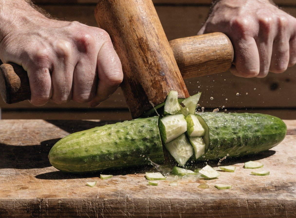 Why do you smash cucumbers in a salad? - Action shot of a pair of hands using a heavy rolling pin to smash a fresh green cucumber on a cutting board, with visibl