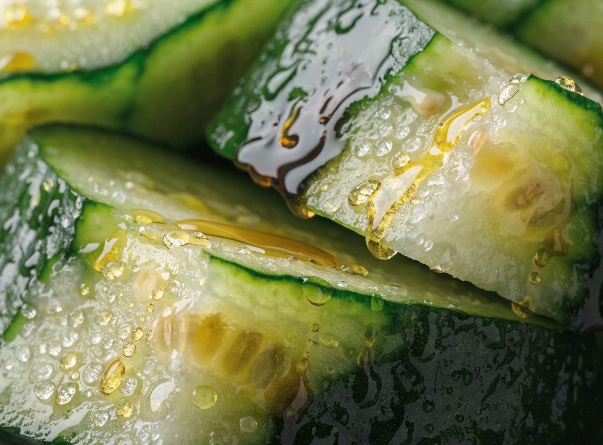 Why do you smash cucumbers in a salad? - Close-up detail shot of rough, jagged cucumber edges absorbing glistening drops of sesame oil and vinegar dressing.