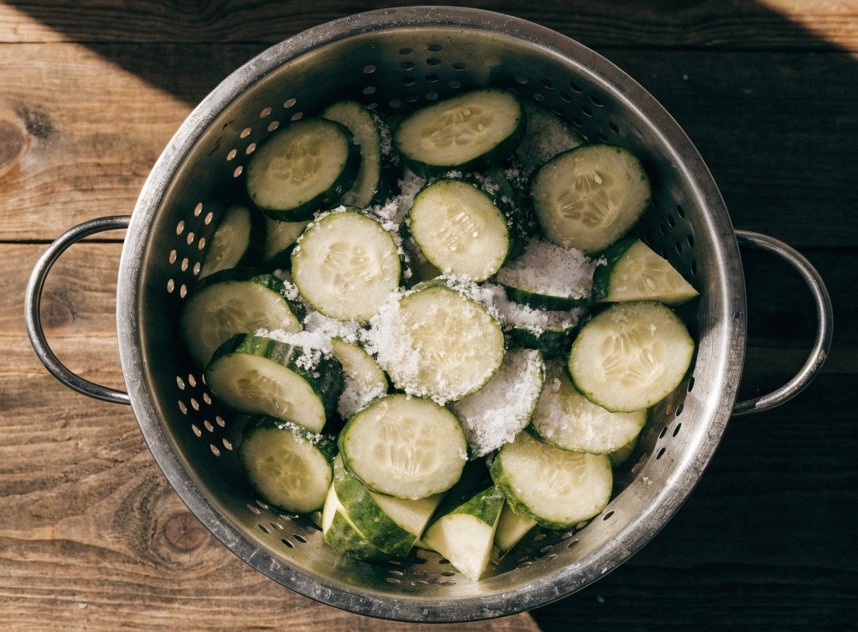 Why do you smash cucumbers in a salad? - Step-by-step overhead shot of sliced smashed cucumbers resting in a colander with coarse salt sprinkled over the top.