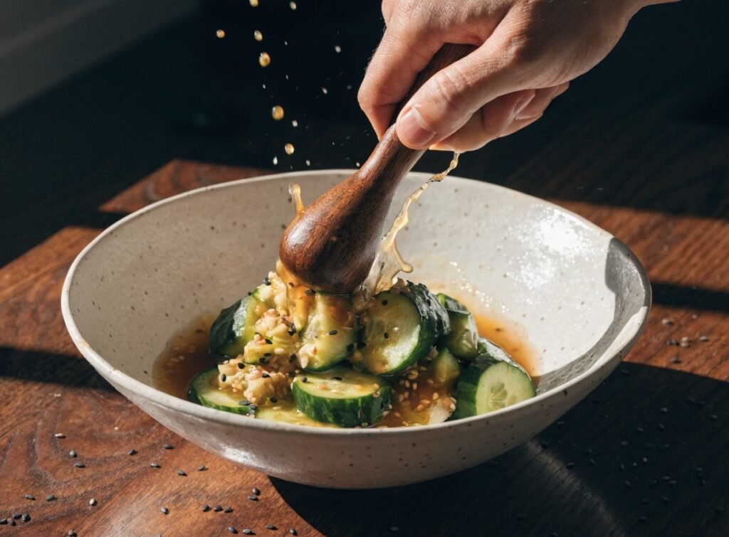 Why do you smash cucumbers in a salad? - Stunning photorealistic hero shot of Why do you smash cucumbers in a salad with garlic and sesame dressing in a ceramic