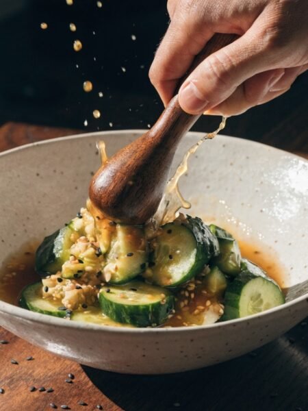 Why do you smash cucumbers in a salad? - Stunning photorealistic hero shot of Why do you smash cucumbers in a salad with garlic and sesame dressing in a ceramic
