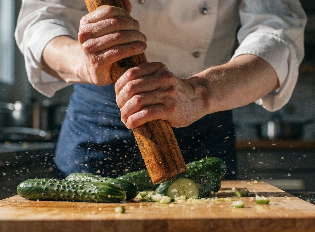 Why do you smash cucumbers in a salad? - Action shot of a chef using a heavy rolling pin to smash green cucumbers on a cutting board.