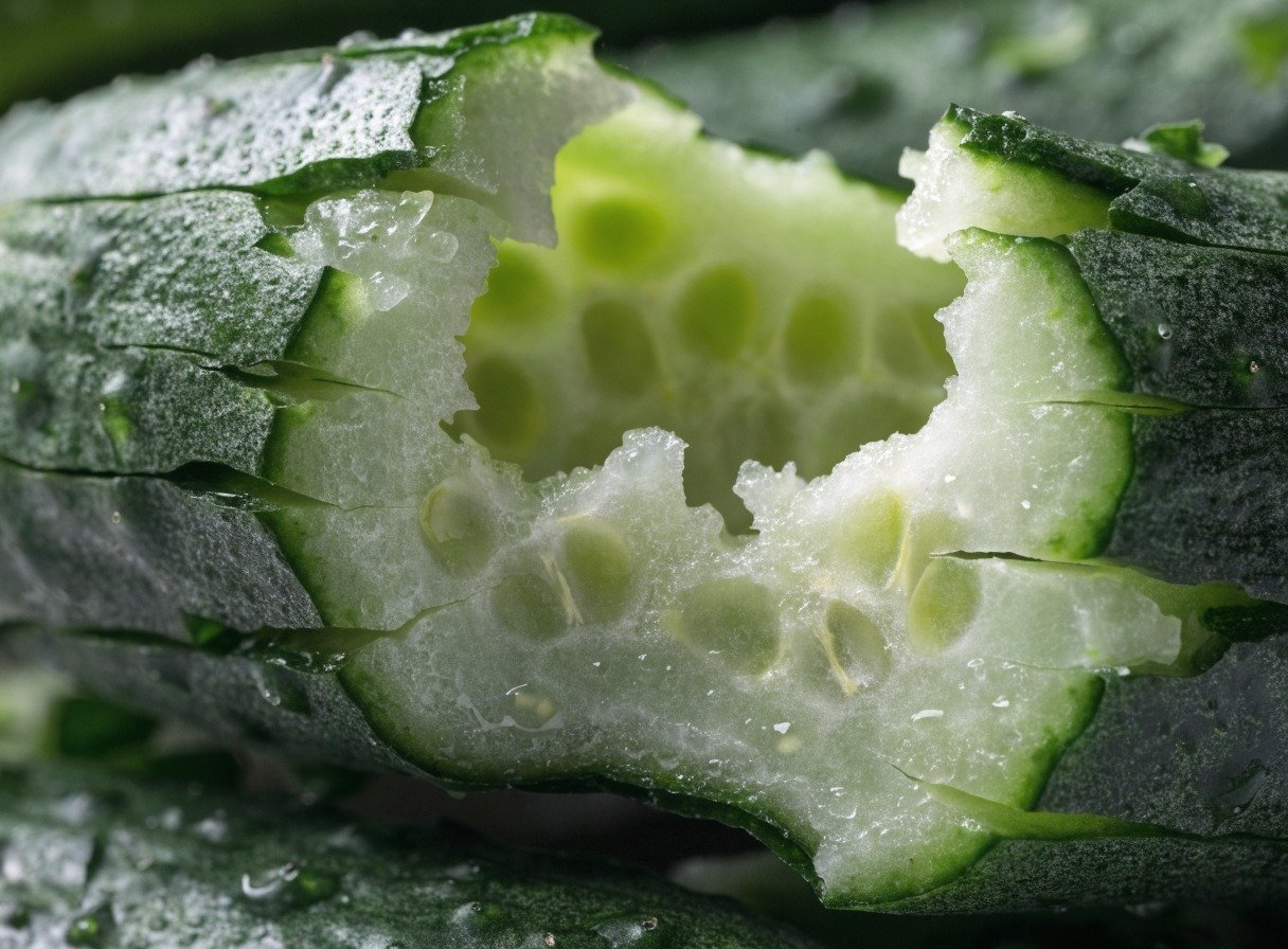 Why do you smash cucumbers in a salad? - Close-up detail showing the jagged cracks and rough texture of a freshly smashed cucumber piece.