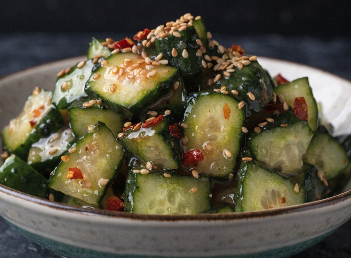 Why do you smash cucumbers in a salad? - Finished vibrant smashed cucumber salad garnished with toasted sesame seeds and fresh chili flakes.