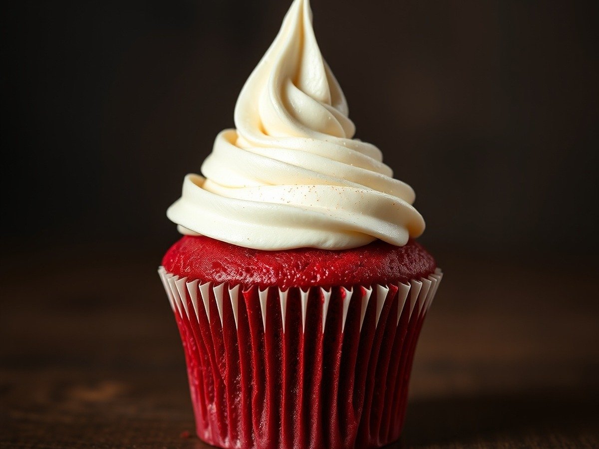 Can I use cornstarch to thicken cream cheese frosting? cooking process - A freshly baked red velvet cupcake topped with a tall, stable swirl of white cream cheese frosting,