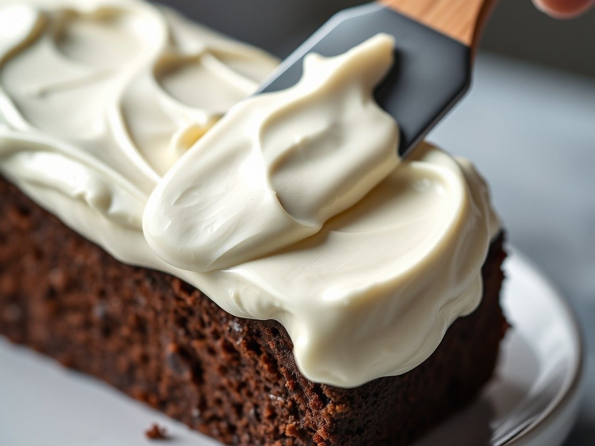 Can I use cornstarch to thicken cream cheese frosting? final dish overhead - A close-up of a spatula smoothing cream cheese frosting over a chocolate cake layer, showing glossy