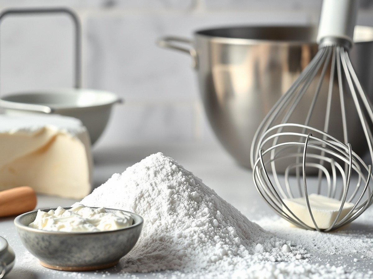 Can I use cornstarch to thicken cream cheese frosting? plating and garnish - A baker's workspace featuring sifted powdered sugar, a block of cream cheese, and a whisk, high-end