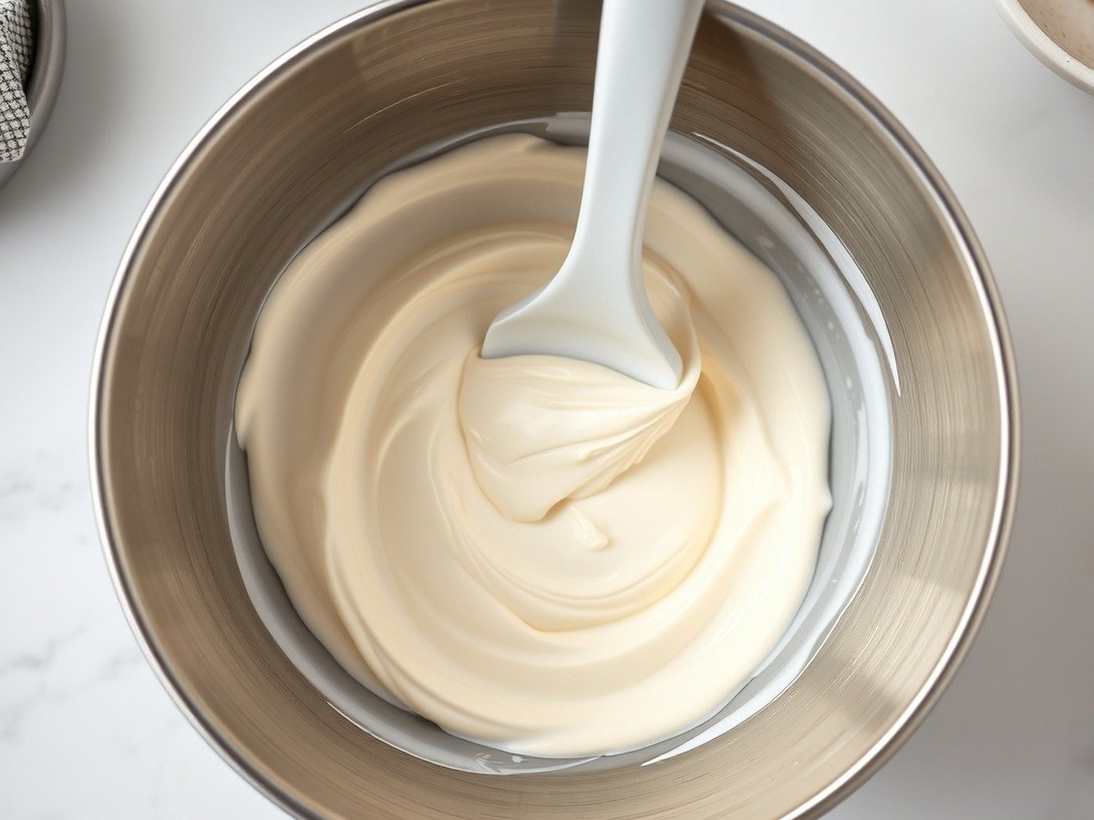 Can I use cornstarch to thicken cream cheese frosting? preparation close-up - A stainless steel mixing bowl filled with smooth cream cheese frosting, a silicone spatula resting i