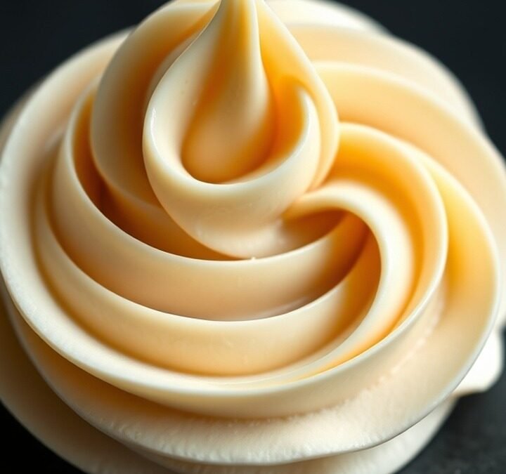 Can I use cornstarch to thicken cream cheese frosting? recipe hero presentation - A close-up macro shot of a rich, thick cream cheese frosting swirl on a dark slate background, profe