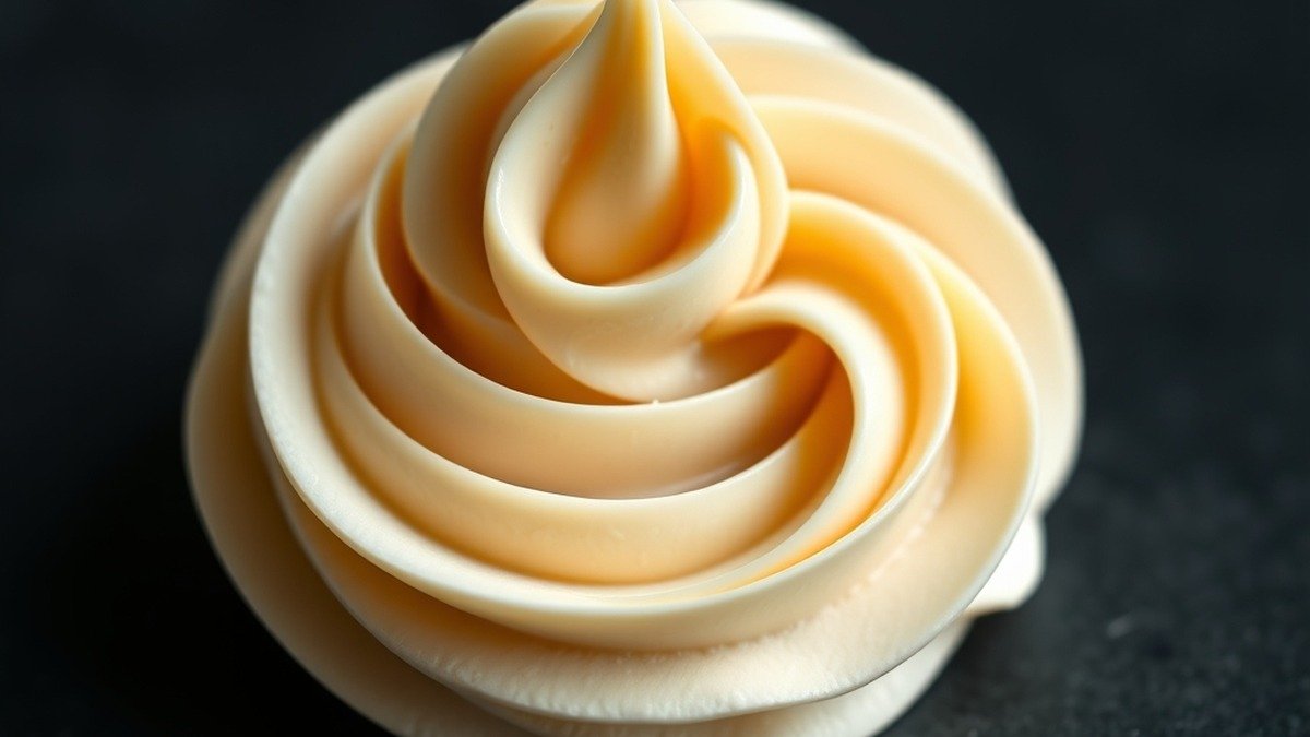 Can I use cornstarch to thicken cream cheese frosting? recipe hero presentation - A close-up macro shot of a rich, thick cream cheese frosting swirl on a dark slate background, profe