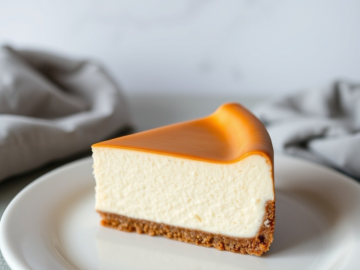 Can I use gelatin to fix an unbaked runny cheesecake? cooking process - A slice of perfectly set no-bake cheesecake on a ceramic white plate, revealing a smooth and creamy