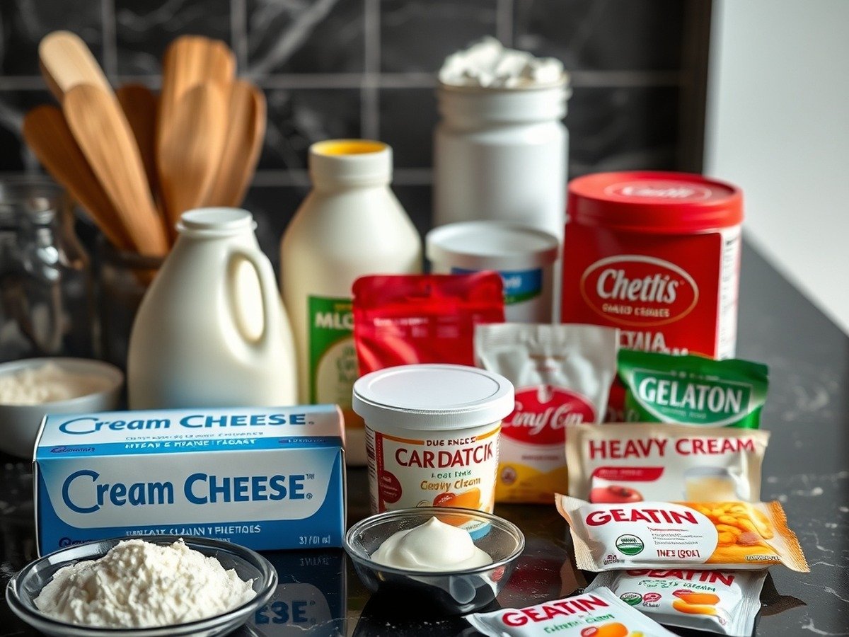 Can I use gelatin to fix an unbaked runny cheesecake? final dish overhead - An assortment of baking ingredients including cream cheese blocks, heavy cream jugs, and gelatin pac