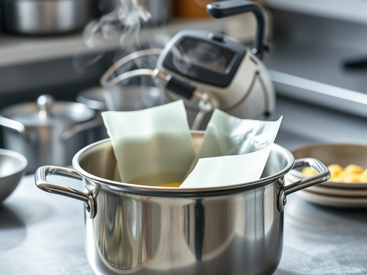 Can I use gelatin to fix an unbaked runny cheesecake? plating and garnish - A stainless steel pot with a double boiler setup melting gelatin sheets gently, steam rising, profes