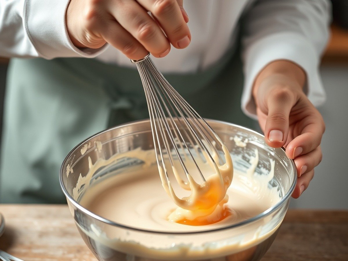 Can I use gelatin to fix an unbaked runny cheesecake? preparation close-up - A professional baker gently whisking warm melted gelatin into a rich cream cheese batter inside a me