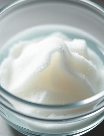 Can I use gelatin to fix an unbaked runny cheesecake? recipe hero presentation - A close-up overhead shot of unflavored gelatin powder blooming in a small glass bowl with cold water