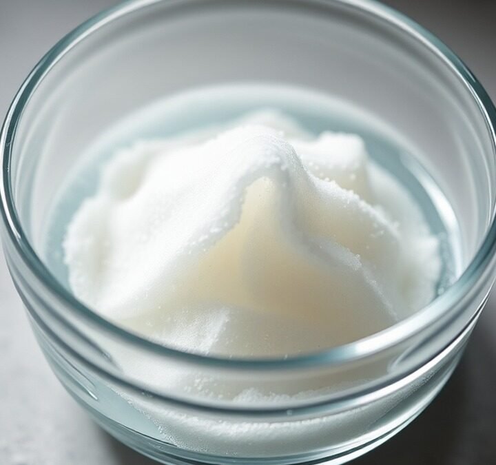Can I use gelatin to fix an unbaked runny cheesecake? recipe hero presentation - A close-up overhead shot of unflavored gelatin powder blooming in a small glass bowl with cold water