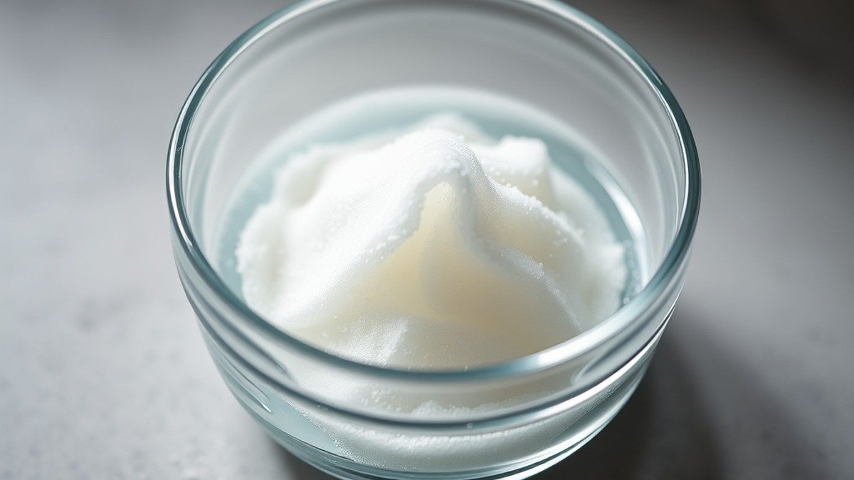 Can I use gelatin to fix an unbaked runny cheesecake? recipe hero presentation - A close-up overhead shot of unflavored gelatin powder blooming in a small glass bowl with cold water
