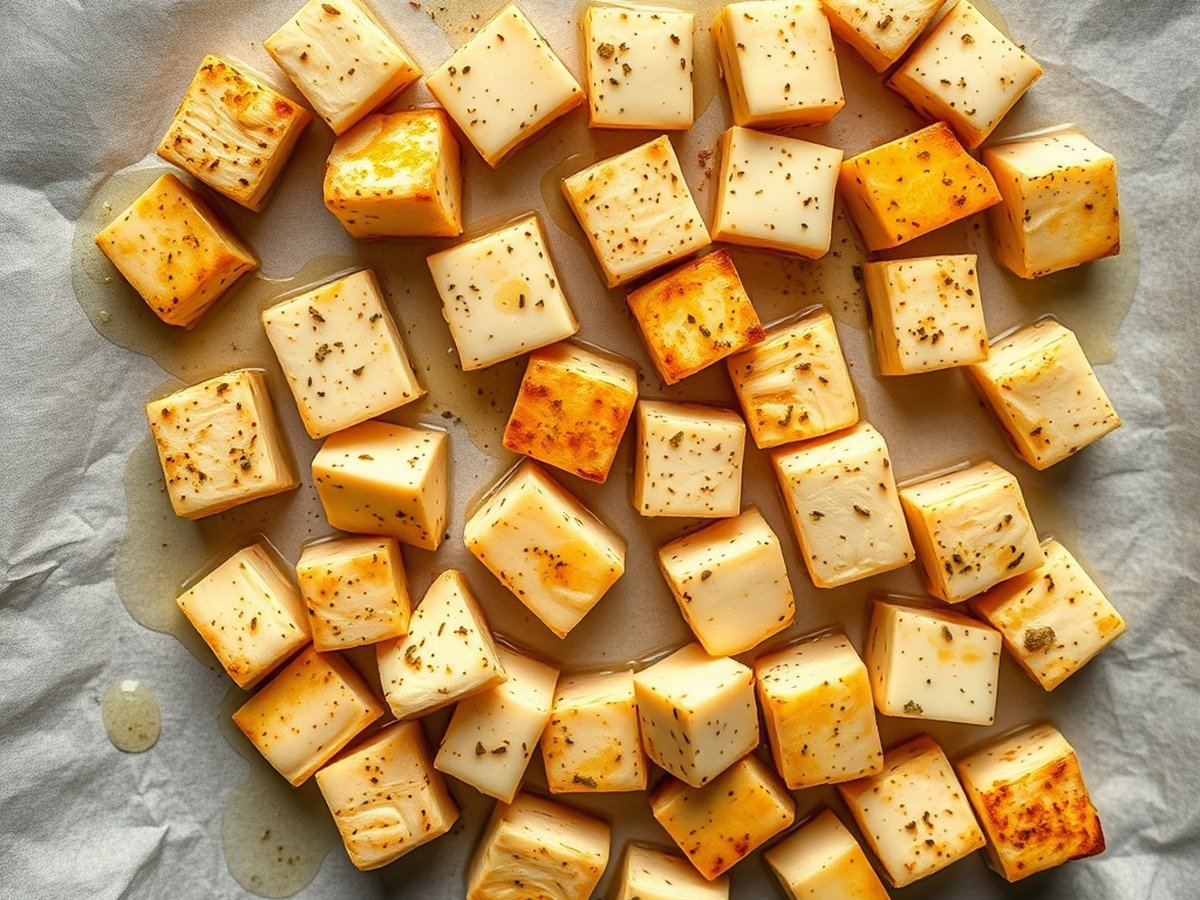 Can you air fry tofu directly from frozen? cooking process - Overhead flat lay of seasoned tofu cubes tossed in oil, ready for the air fryer on parchment paper.