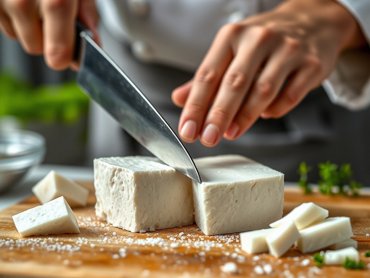 Can you air fry tofu directly from frozen? final dish overhead - Side view of a chef slicing a frozen block of extra-firm tofu with a sharp knife on wooden board.