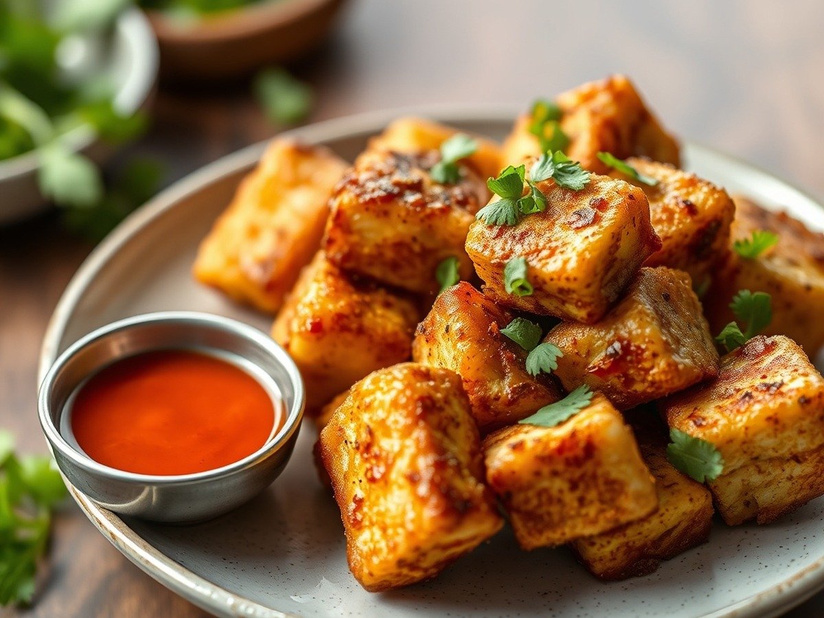 Can you air fry tofu directly from frozen? plating and garnish - Appetizing bowl of crispy air-fried tofu served with dipping sauce and fresh herbs, natural lighting