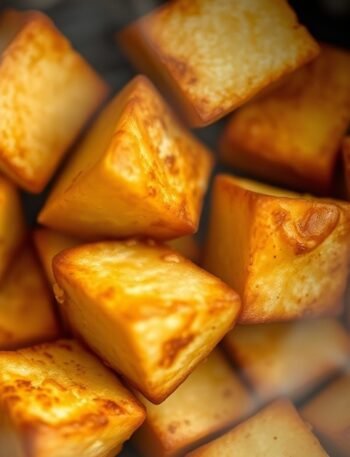 Can you air fry tofu directly from frozen? recipe hero presentation - Photorealistic close-up of golden crispy air-fried tofu cubes in an air fryer basket with steam risi