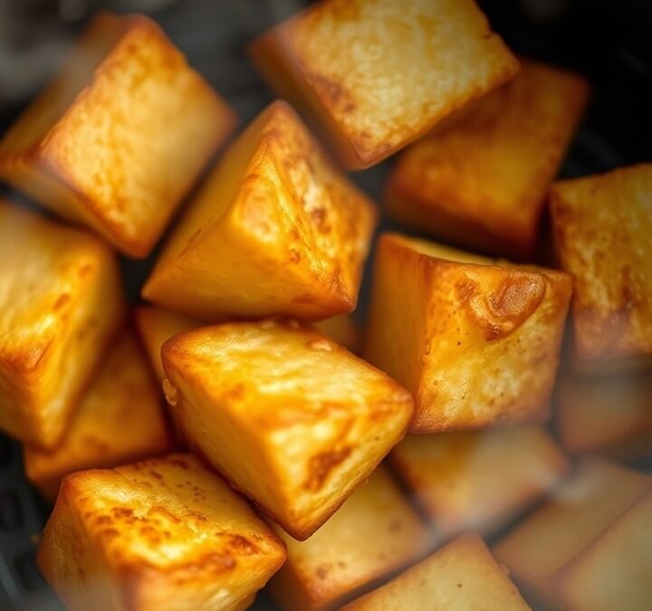 Can you air fry tofu directly from frozen? recipe hero presentation - Photorealistic close-up of golden crispy air-fried tofu cubes in an air fryer basket with steam risi