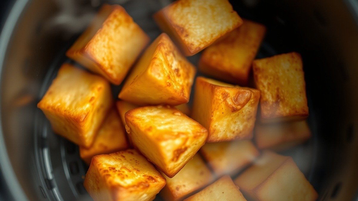 Can you air fry tofu directly from frozen? recipe hero presentation - Photorealistic close-up of golden crispy air-fried tofu cubes in an air fryer basket with steam risi