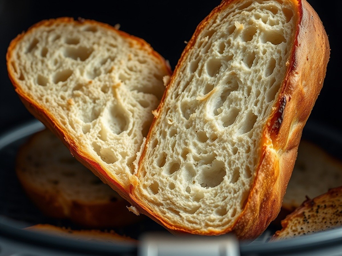 Can you put frozen bread directly into an air fryer? cooking process - A macro shot of thick-cut artisanal bread being toasted in an air fryer, highlighting the crispy ext