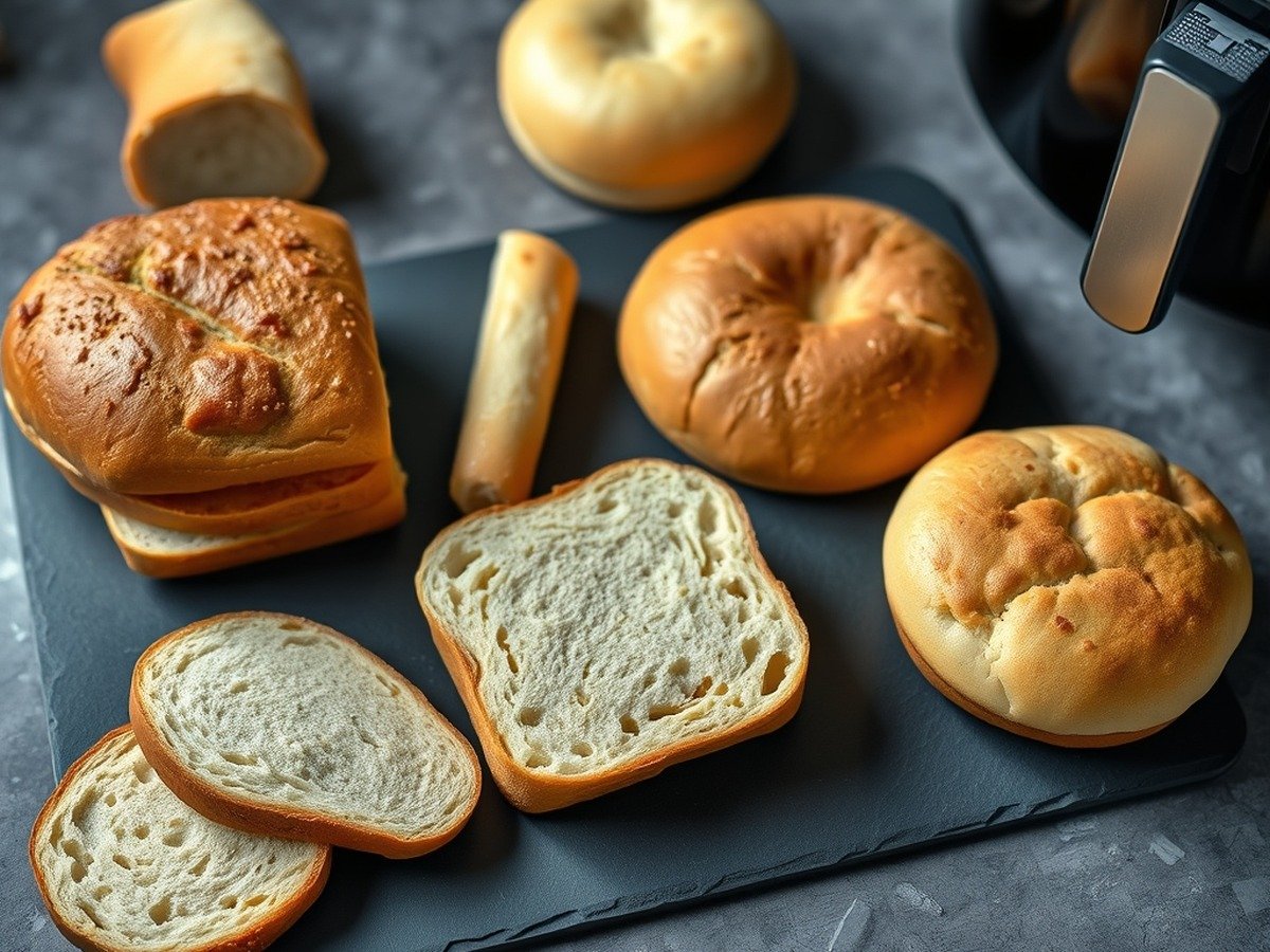 Can you put frozen bread directly into an air fryer? final dish overhead - A top-down photorealistic food photograph of various types of frozen bread—sandwich slices, brioche,