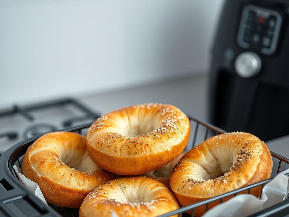 Can you put frozen bread directly into an air fryer? plating and garnish - A clean, minimalist kitchen setting featuring an air fryer basket filled with warm, perfectly browne