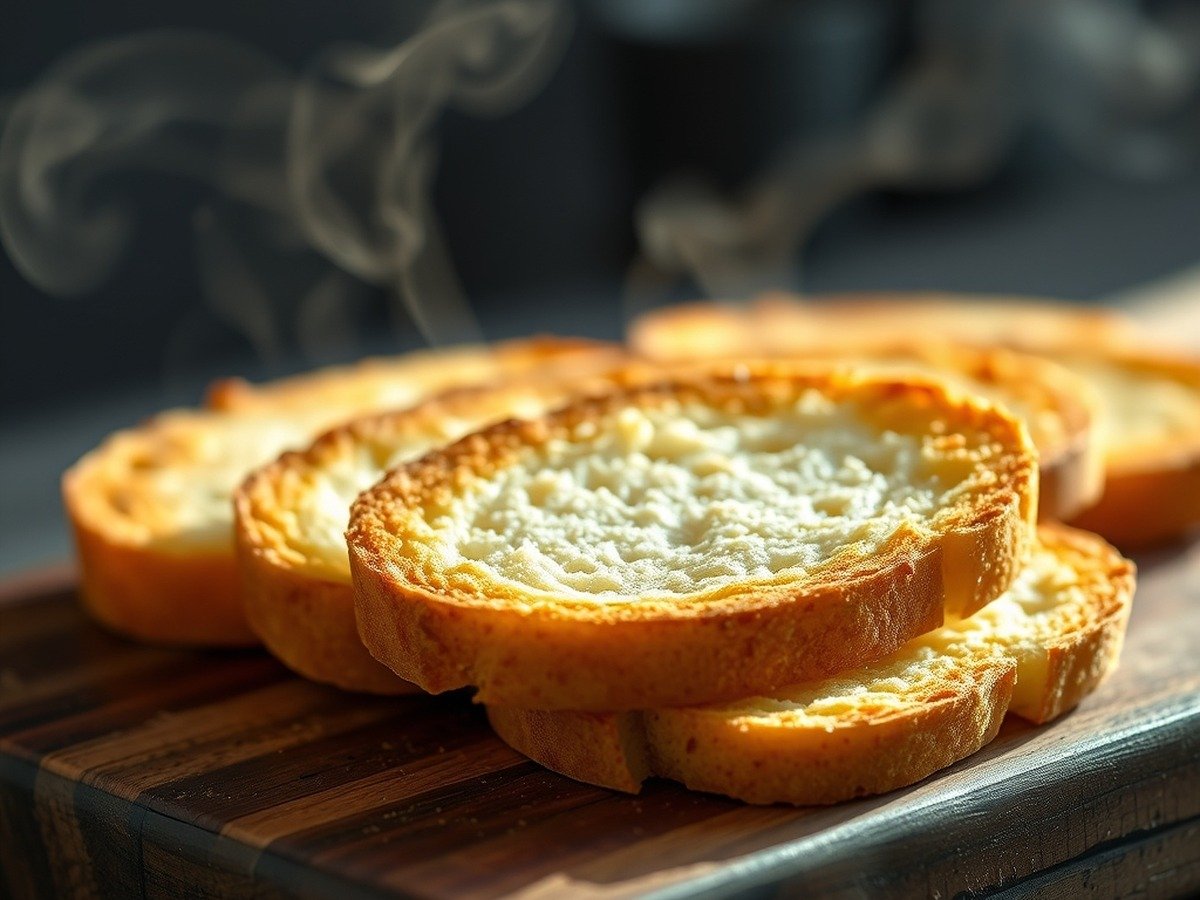 Can you put frozen bread directly into an air fryer? preparation close-up - A photorealistic image of golden-brown air-fried bread slices arranged neatly on a dark rustic woode