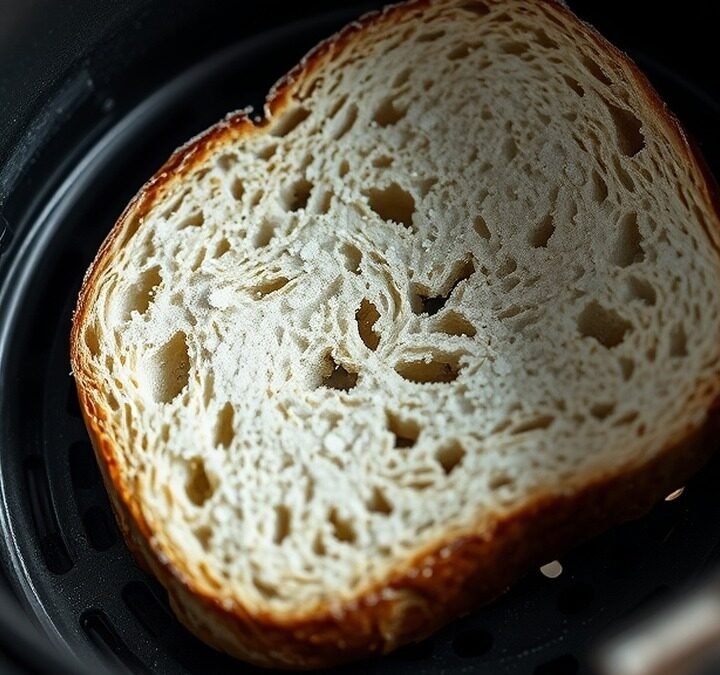 Can you put frozen bread directly into an air fryer? recipe hero presentation - A close-up photorealistic food photography shot of a single frozen slice of sourdough bread resting