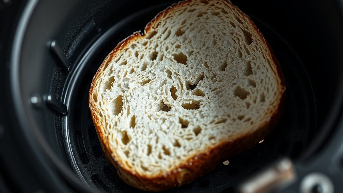 Can you put frozen bread directly into an air fryer? recipe hero presentation - A close-up photorealistic food photography shot of a single frozen slice of sourdough bread resting