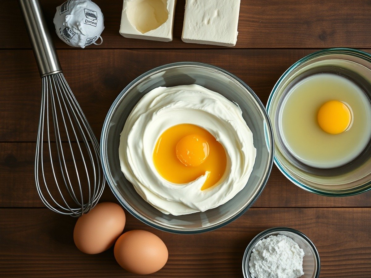 Can you rebake a runny cheesecake after it has cooled? cooking process - Overhead culinary flat lay showing baking tools, a metal whisk, blocks of cream cheese, fresh eggs,