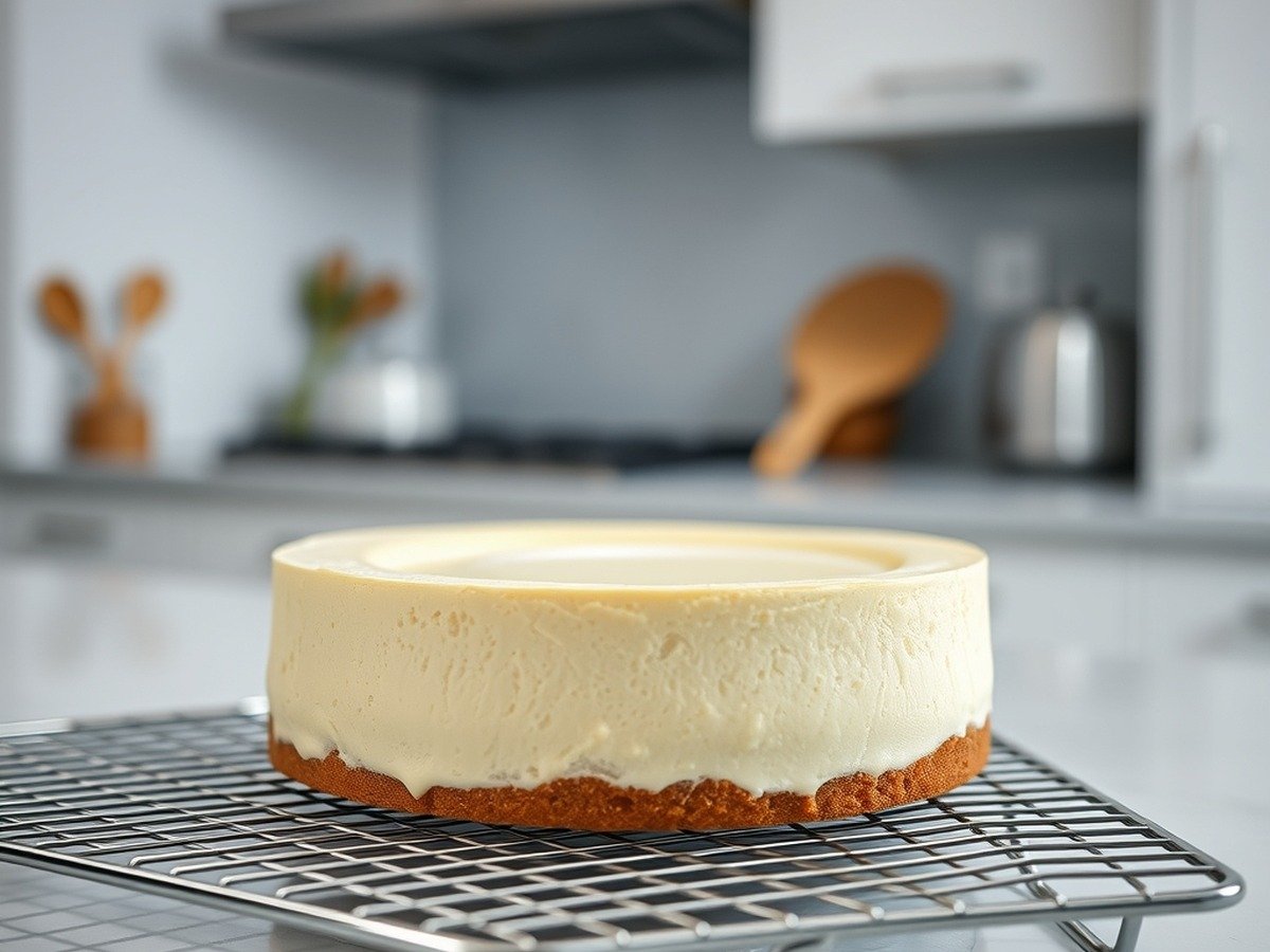 Can you rebake a runny cheesecake after it has cooled? final dish overhead - Photorealistic image of a chilled cheesecake resting on a modern wire cooling rack inside a clean, w
