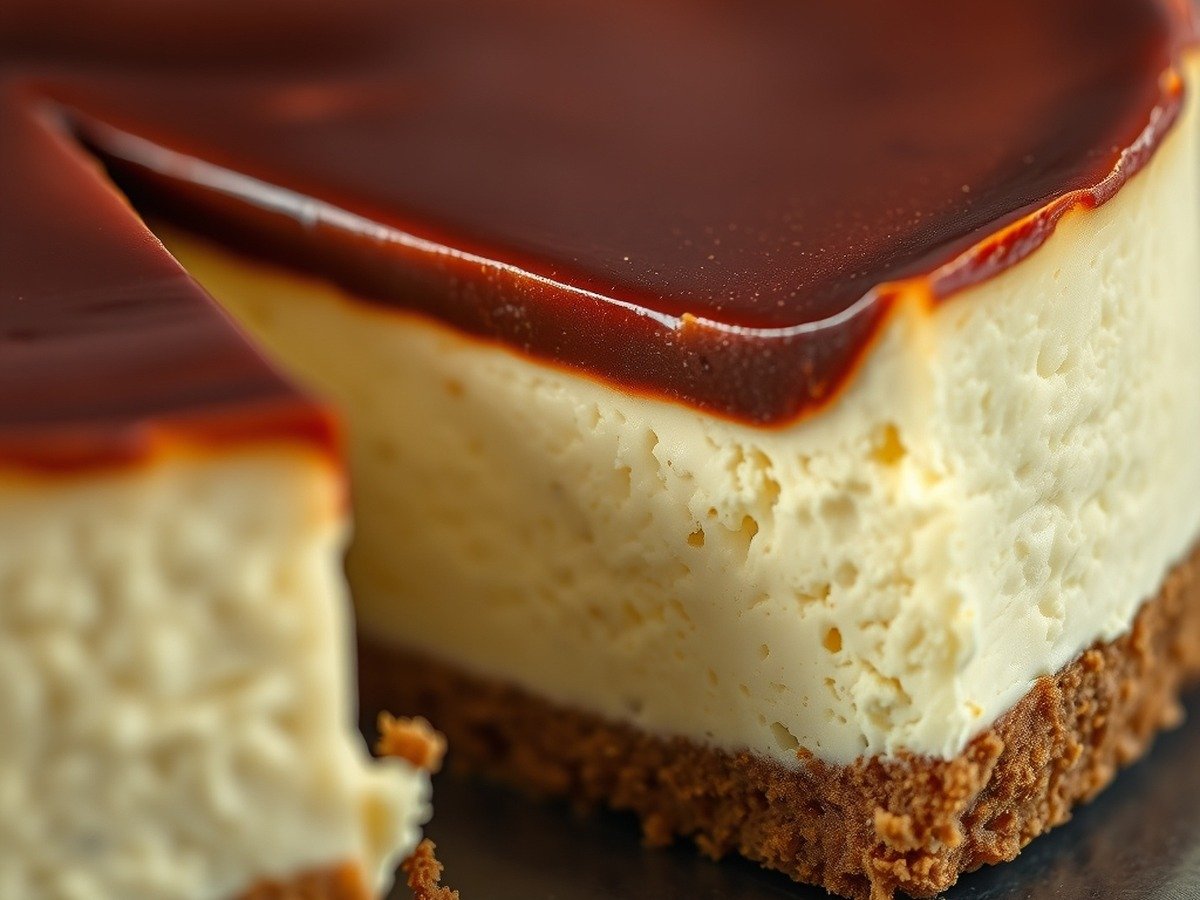 Can you rebake a runny cheesecake after it has cooled? plating and garnish - Close-up macro shot of a rich, velvety cheesecake texture showing a clean cut cross-section with a b