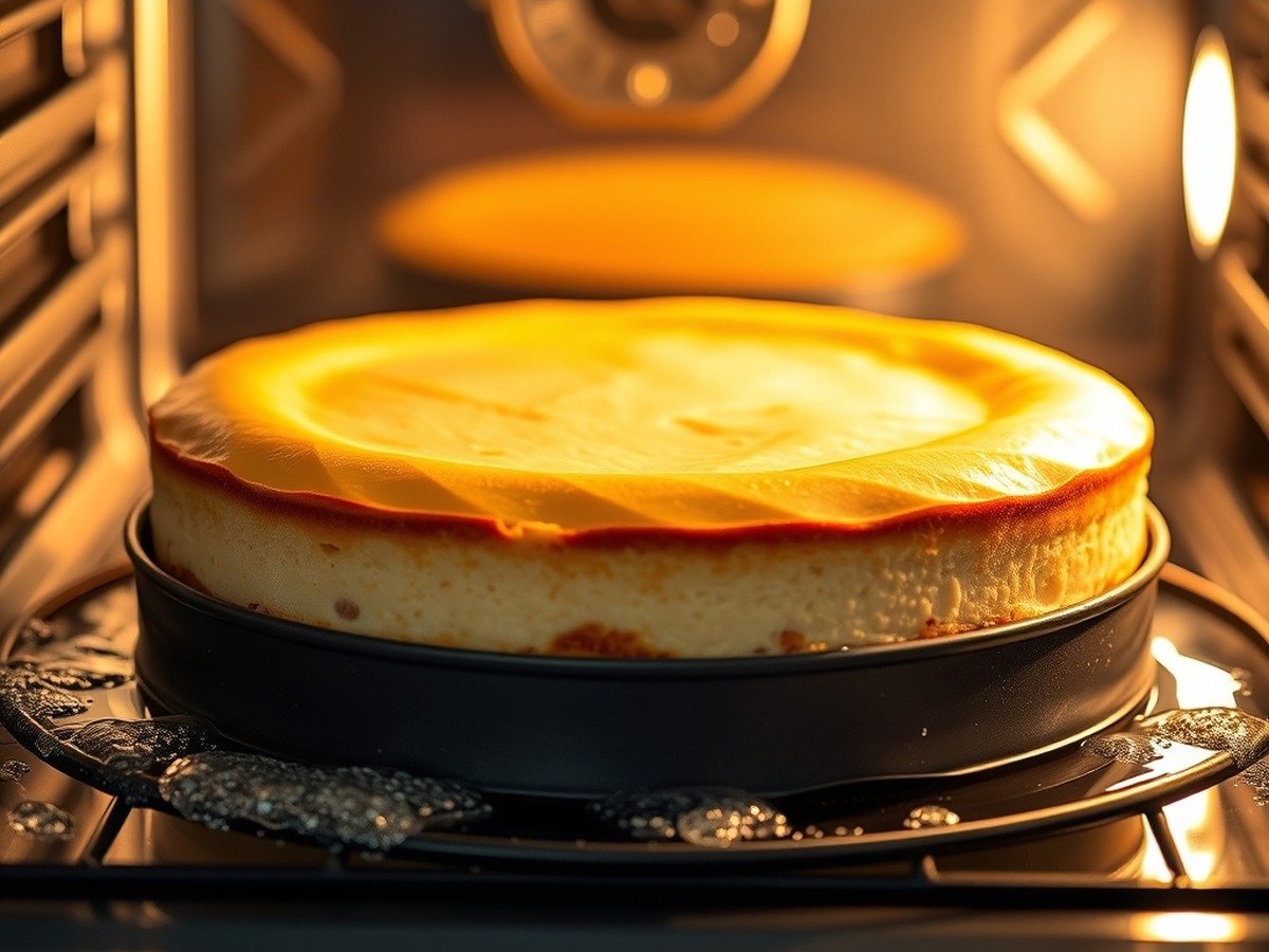 Can you rebake a runny cheesecake after it has cooled? preparation close-up - Close-up food photography of a whole cheesecake inside a professional oven with a gentle water bath