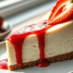 Can you rebake a runny cheesecake after it has cooled? recipe hero presentation - Photorealistic food photography of a slice of creamy New York-style cheesecake on a minimalist ceram