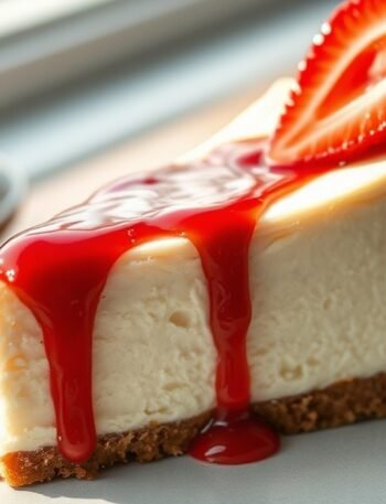 Can you rebake a runny cheesecake after it has cooled? recipe hero presentation - Photorealistic food photography of a slice of creamy New York-style cheesecake on a minimalist ceram