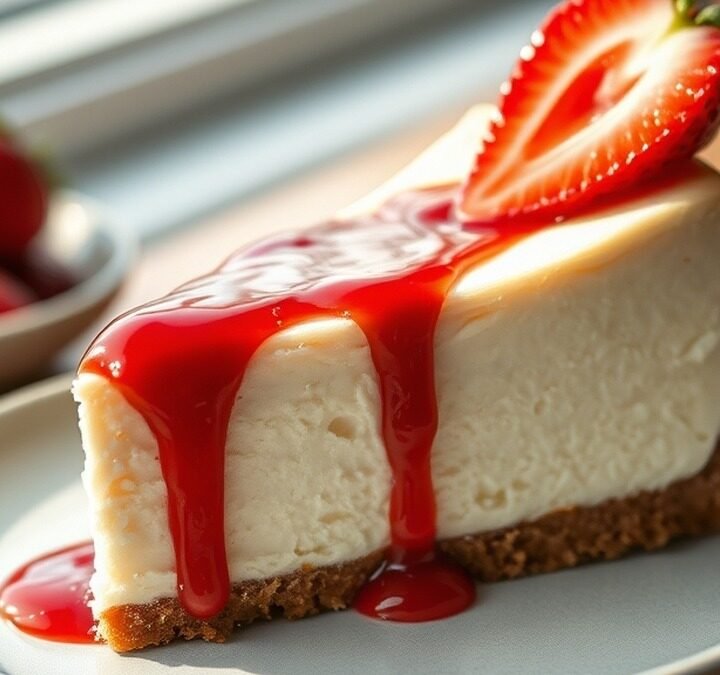 Can you rebake a runny cheesecake after it has cooled? recipe hero presentation - Photorealistic food photography of a slice of creamy New York-style cheesecake on a minimalist ceram