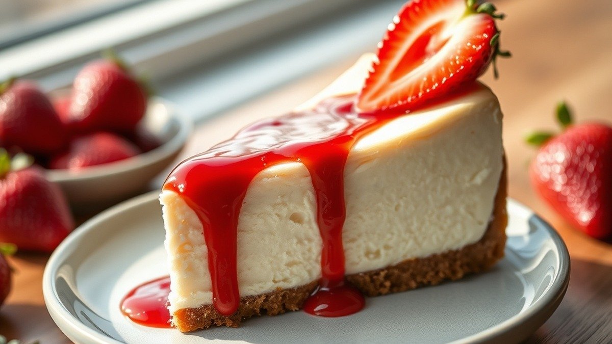 Can you rebake a runny cheesecake after it has cooled? recipe hero presentation - Photorealistic food photography of a slice of creamy New York-style cheesecake on a minimalist ceram