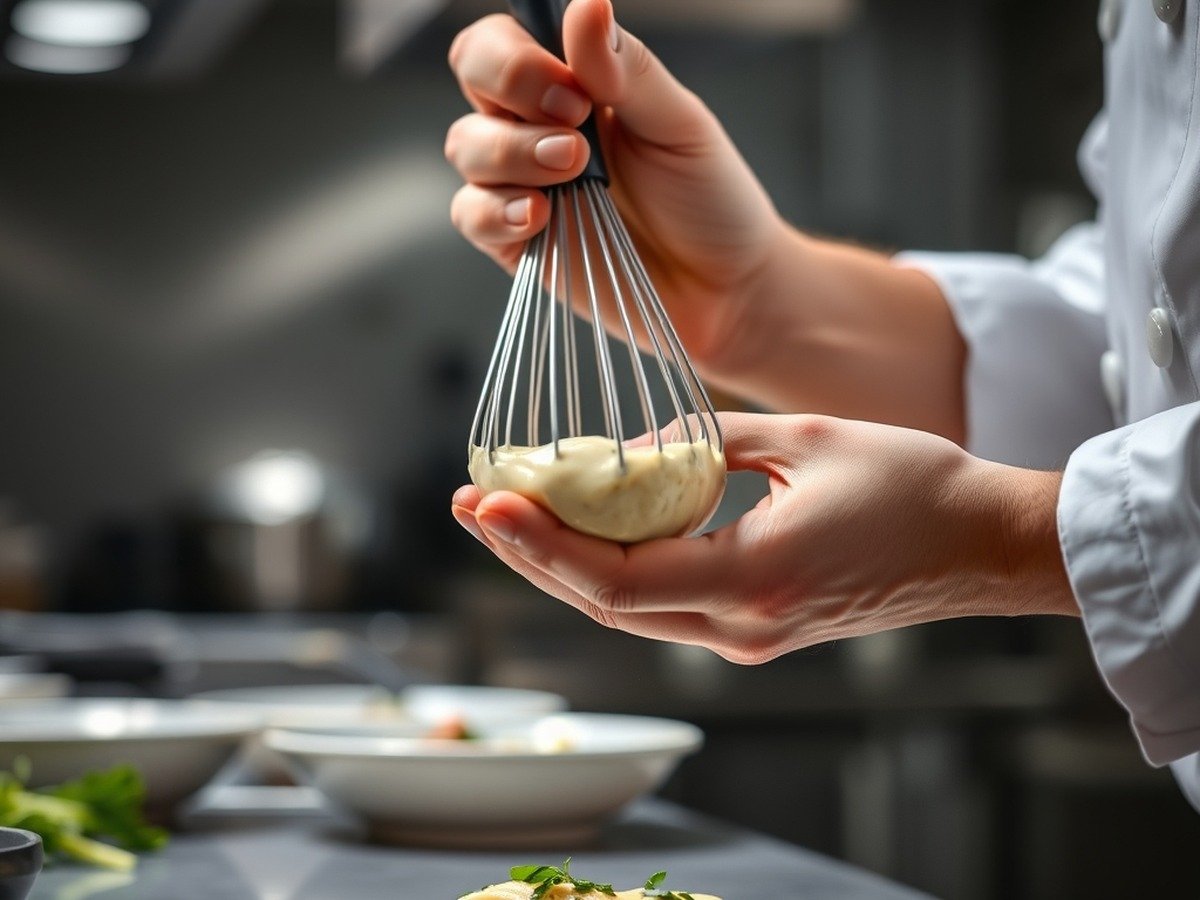 Can you save a curdled Alfredo sauce with pasta water? cooking process - A chef's hand actively whisking a rescued alfredo sauce in a professional kitchen setting with soft