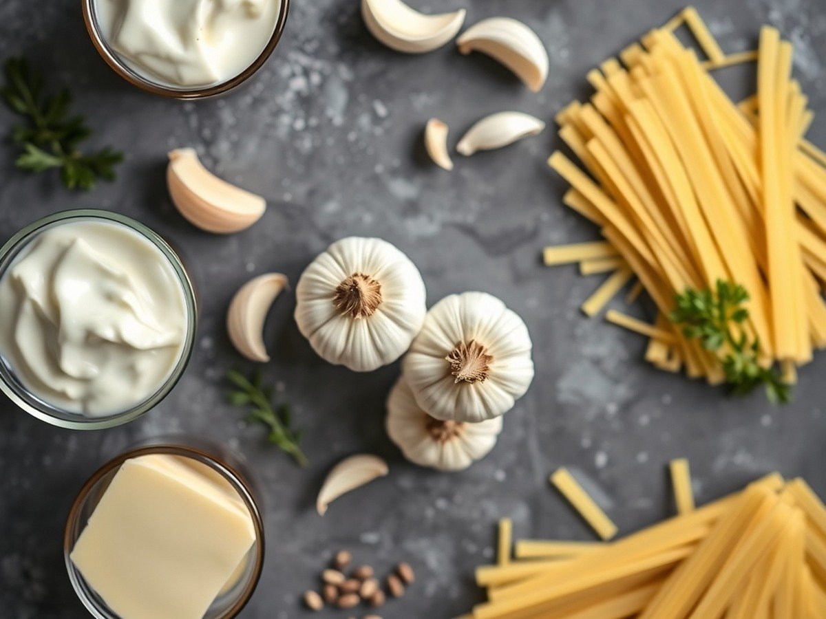 Can you save a curdled Alfredo sauce with pasta water? final dish overhead - An overhead flat lay of various cooking ingredients including heavy cream, garlic cloves, butter, an