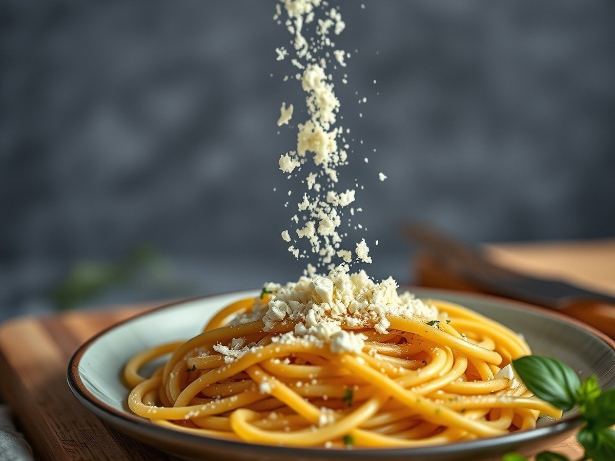 Can you save a curdled Alfredo sauce with pasta water? plating and garnish - Freshly grated parmesan cheese falling onto a plate of handmade pasta next to a wooden cutting board